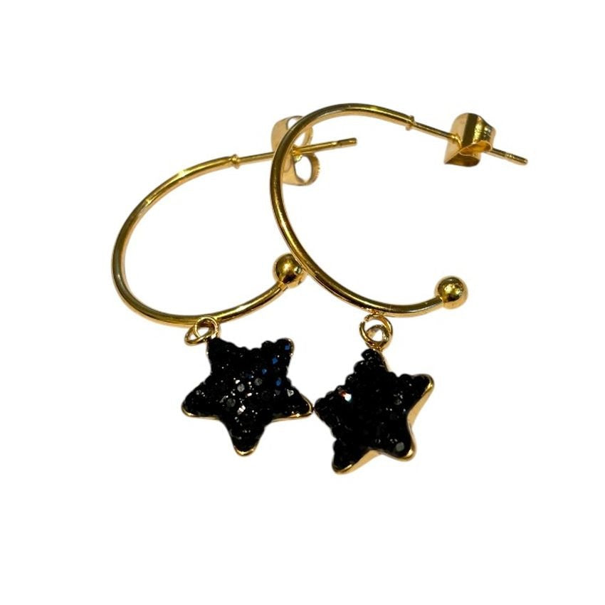 Black Gold Tone Star Glitter Earrings