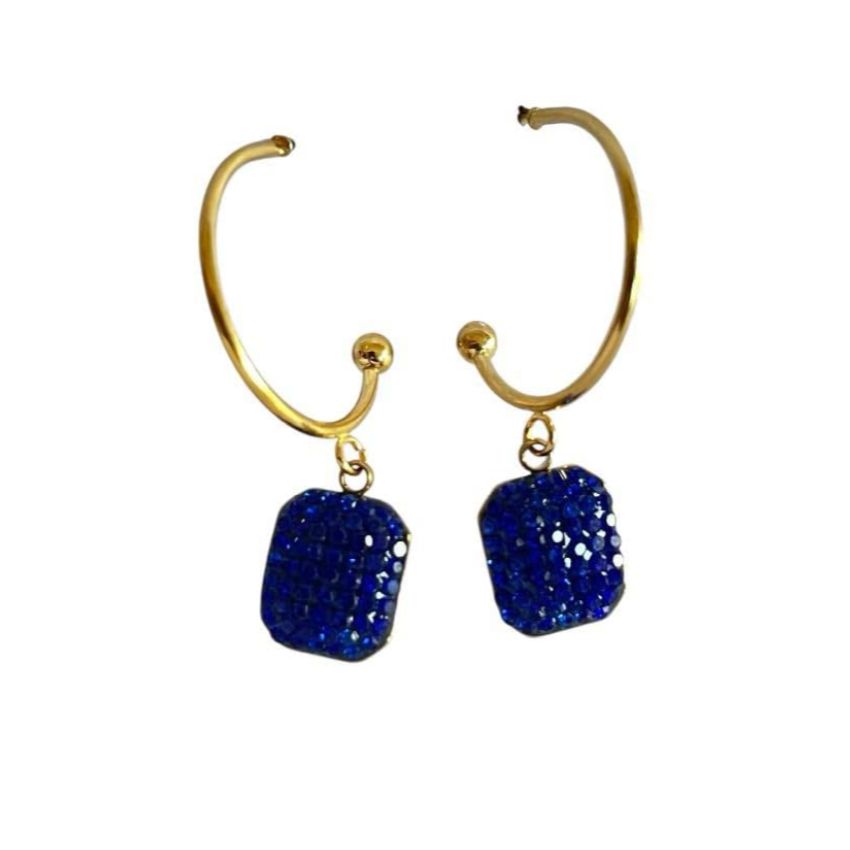 Blue Gold Tone Rectangle Shamballa Earrings