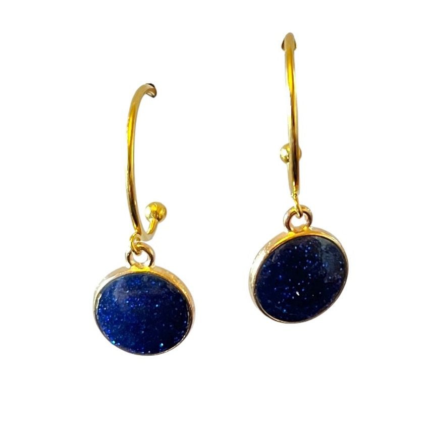 Blue Gold Tone Round Glitter Earrings