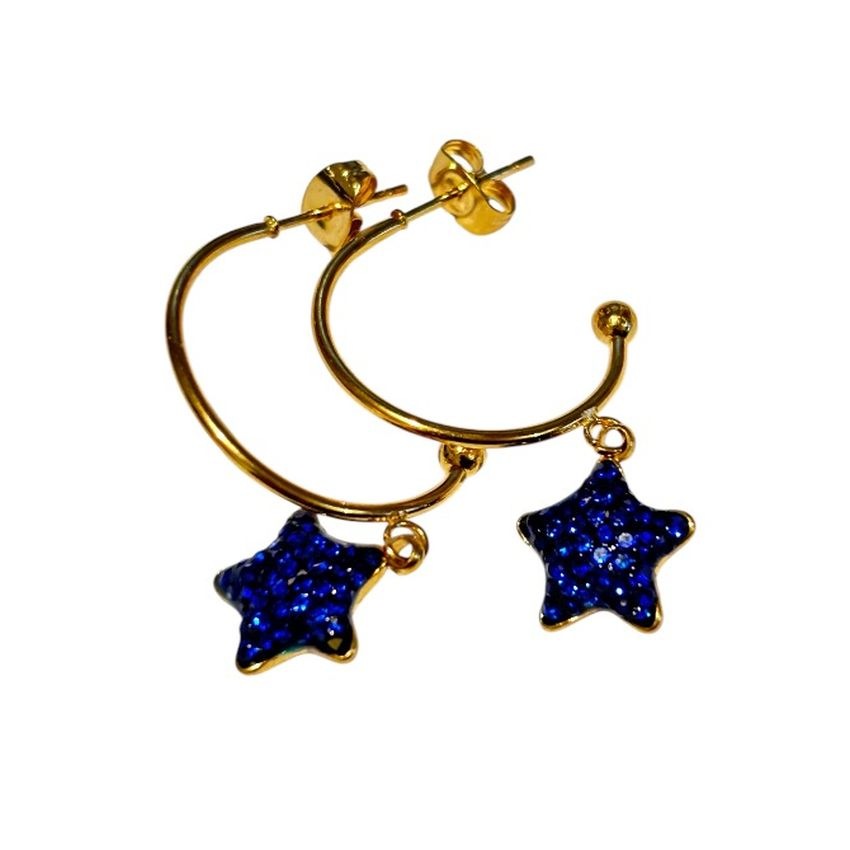 Blue Gold Tone Star Glitter Earrings