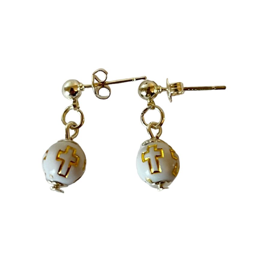 Gold Cross Inlaid Bead Communion Earrings
