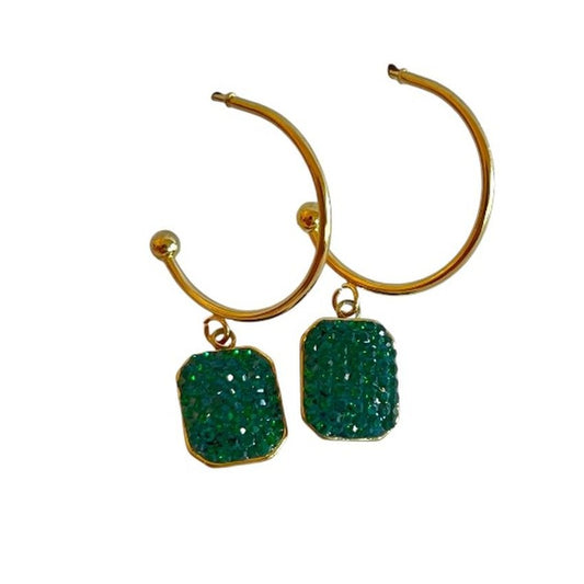 Green Gold Tone Rectangle Shamballa Earrings