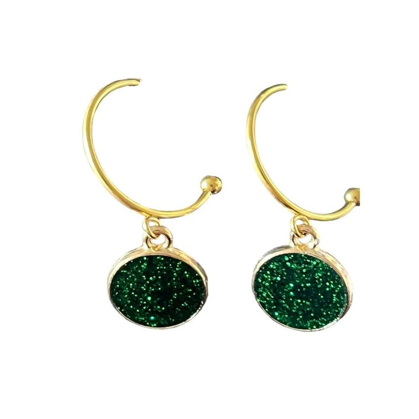 Green Gold Tone Round Glitter Earrings