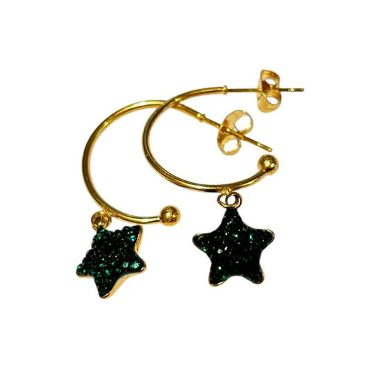 Green Gold Tone Star Glitter Earrings