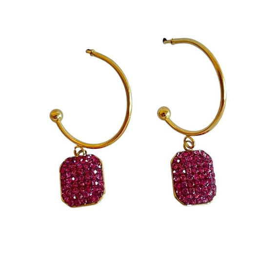 Pink Gold Tone Rectangle Shamballa Earrings