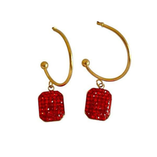 Red Gold Tone Rectangle Shamballa Earrings