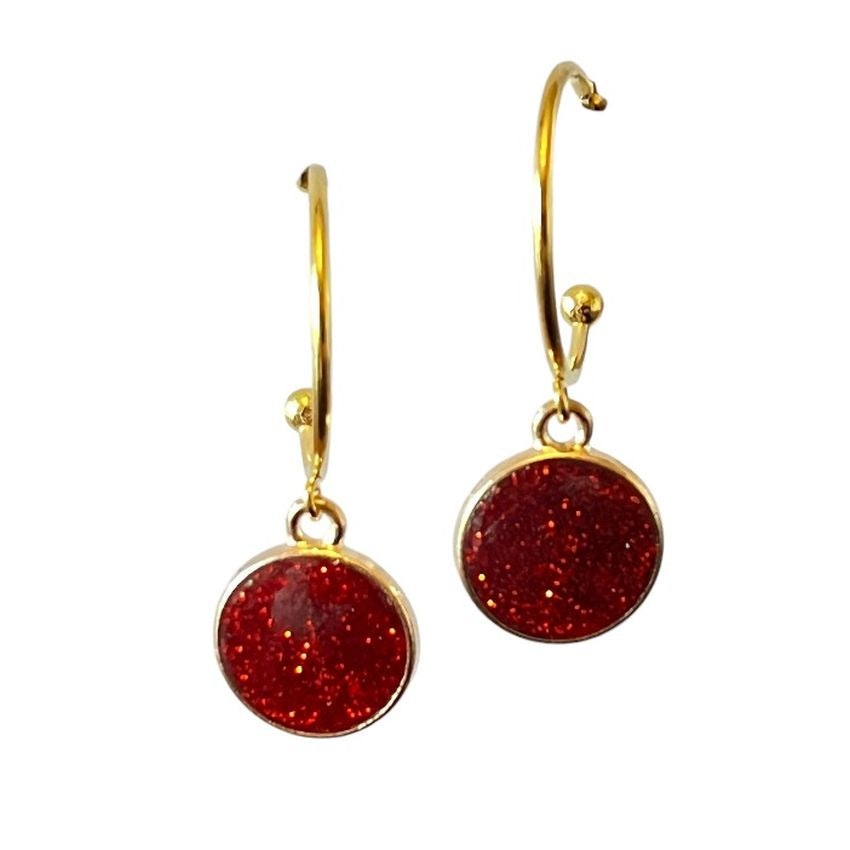 Red Gold Tone Round Glitter Earrings