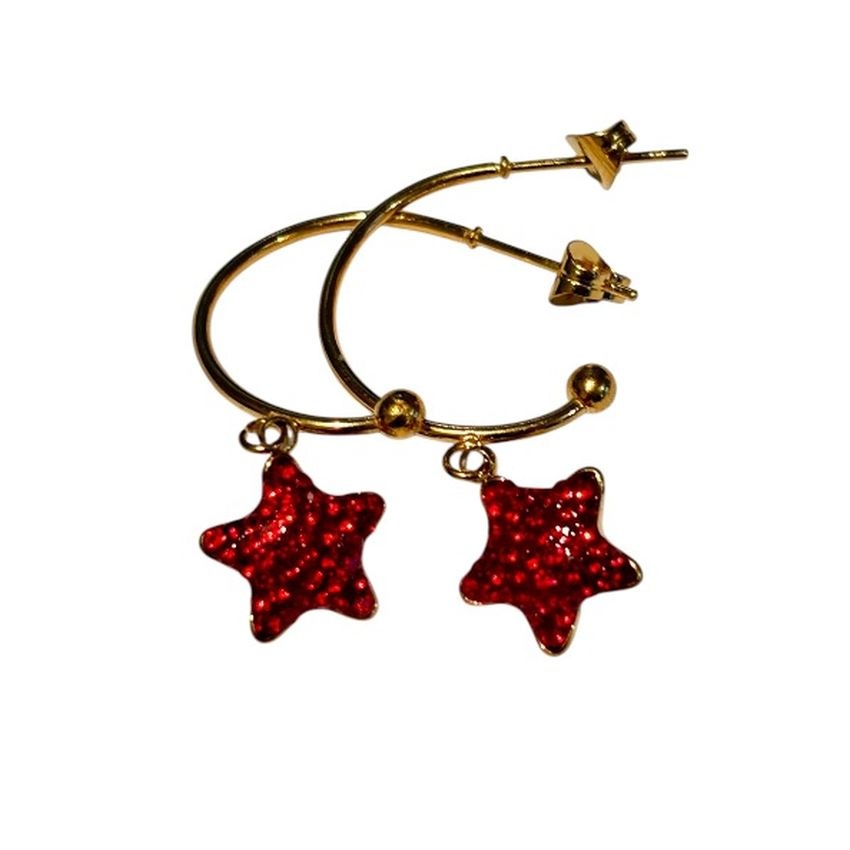 Red Gold Tone Star Glitter Earrings