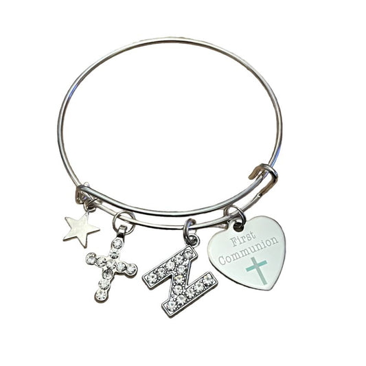 Heart First Communion Personalised Initial Bangle